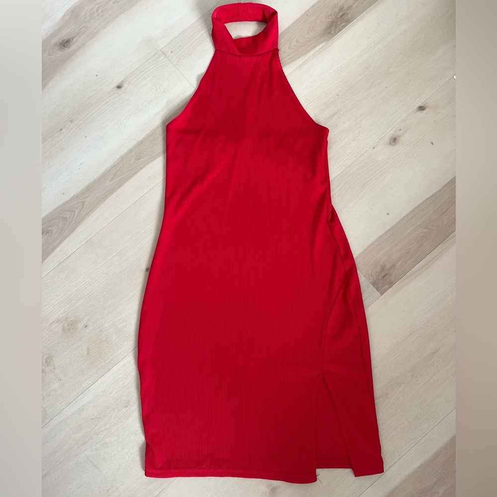 RED Ribbed High Neck Split Detail Bodycon Dress - Picture 4 of 10